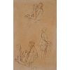 18/19th Century Old Master Drawing In Ink On Brown Paper "Study Of Six Figures"