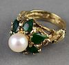14K Yellow Gold Pearl and Jade Ring