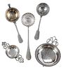Five Silver Sugar Sifters and Tea Strainers