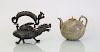 KOREAN GREEN GLAZED TEAPOT AND AN ASIAN IRON TEAPOT AND COVER