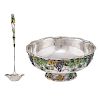 WHITING STERLING SILVER & ENAMEL PUNCH BOWL WITH LADLE