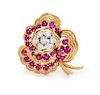 An 18 Karat Yellow Gold, Platinum, Diamond and Ruby 'Camellia' Brooch, Van Cleef and Arpels, 9.90 dwts.