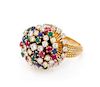 An 18 Karat Yellow Gold, Platinum, Diamond, Sapphire, Ruby, and Emerald Cluster Ring, French, 9.50 dwts.
