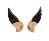 * A Pair of 18 Karat Yellow Gold, Diamond, Emerald, Onyx and Coral Parrot Motif Earclips, French, 18.50 dwts.