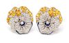 A Pair of 18 Karat White Gold, Diamond, Yellow Sapphire and Sapphire 'Pansy' Earclips, 23.80 dwts.