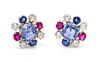 * A Pair of White Gold, Sapphire, Ruby and Diamond Earclips,