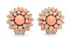 A Pair of Bicolor Gold, Angel Skin Coral and Diamond Earclips, 19.15 dwts.