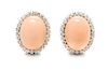 A Pair of 18 Karat White Gold, Angel Skin Coral and Diamond Earclips, Italian, 18.75 dwts.