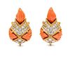 A Pair of 18 Karat Bicolor Gold, Coral and Diamond Earclips, 20.30 dwts.