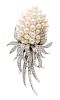 A 14 Karat White Gold, Diamond and Cultured Pearl Floral Motif Brooch, Kurt Wayne, 12.35 dwts.