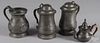 Two English pewter tankards, a measure and teapot