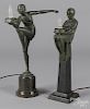 Two patinated metal Deco table lamps