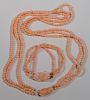 NO CREDIT CARDS FOR JEWELRY  Two piece pink coral set, triple strand necklace with matching bracelet having 14 karat gold cla