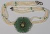 NO CREDIT CARDS FOR JEWELRY  Pearl triple strand necklace with large hardstone or jade flower, all with silver mounts.  lengt