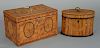 Two tea boxes, one oval with vine inlays the other rectangle with panel inlays.   oval: height 4 inches, length 6 inches, dep