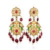 A Pair of Ruby and Diamond, Enamel, Indian Chandelier Earrings