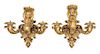 A Pair of Italian Giltwood Three-Light Sconces Height 17 1/2 inches.