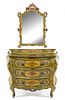 A Venetian Style Painted Commode and Mirror Height of commode 35 1/2 x width 43 1/2 x depth 21 inches.