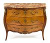A Louis XV Style Bookmatch Veneered Commode Height 35 x width 42 1/2 x depth 20 inches.