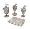 * A Group of Four Middle Eastern Silver Filigree Objects, , comprising three spice towers and a cigarette case.