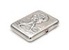 * A Soviet-Era Russian Silver Cigarette Case, Maker's Mark Cyrillic AMYu4, Moscow, 20th Century, the lid worked to show a war