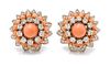 A Pair of Bicolor Gold, Angel Skin Coral and Diamond Earclips, 18.45 dwts.