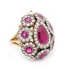 A Silver Topped Gold, Ruby, Diamond and Cultured Pearl Ring, 12.45 dwts.