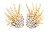 A Pair of 14 Karat Bicolor Gold and Diamond Earclips, 9.90 dwts.