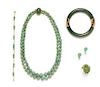 * A Collection of 14 Karat Yellow Gold and Jade Jewelry,