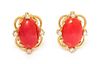 A Pair of 18 Karat Yellow Gold, Coral and Diamond Earclips, Italian, 4.00 dwts.