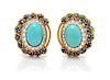 * A Pair of Yellow Gold, Platinum, Turquoise, Sapphire, and Diamond Earclips, 13.60 dwts.