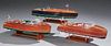 Group of Three Carved Mahogany Model Boats, 20th c., on stands, Largest- H.- 4 1/2 in., W.- 21 1/2 in., D.- 7 3/8 in. Provena