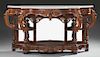 American Rococo Revival Carved Walnut Marble Top Console Table, mid 19th c., attributed to Thomas Brooks, the bowed serpentin