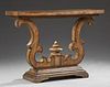 Carved Walnut Console Table, 20th c., the rectangular top raised on serpentine scrolled supports, to a stepped base on bracke