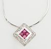 18K White Gold Square Pendant, with a princess cut .5 carat ruby atop a double border of small round diamonds on an 18K white
