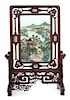 A Chinese Famille Rose Porcelain Inset Hardwood Table Screen Height 21 1/2 x width 16 1/2 inches.