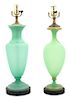 Two Green Opaline Glass Vases Height of tallest 14 1/2 inches.