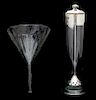 An English Silver Plate Fitted Glass French Coffee Press and a Blown Glass Funnel Height of tallest 15 1/2 inches.