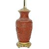 Large Chinese Cinnabar Baluster Vase Mounted as Lamp with Courtyard Scene Relief. Splits to wood ba