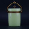 Art Nouveau French Green Opaline Glass and Brass Covered Box. Good condition. Measures 10" H. Shipp