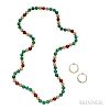 14kt Gold and Diamond Earclips and Gem-set Bead Necklace