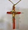 14K GOLD RED CORAL CROSS PENDANT NECKLACE