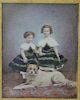 Victorian watercolor of two young girls with a dog, unsigned, 12" x 10".