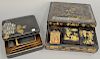 Two black lacquered boxes including writing or calligraphy box Suzuribako with heavy gold leaves and mother of pearl decorati