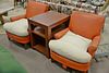 Five piece lot to include pair of orange Naugahyde chairs made by Joseph Giannola, N.Y. (cushions are cloth), Parsons table, 