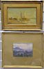 Two small paintings including oil on cribbed board, Sail Boats at Shore, unsigned, 5 3/4" x 9" and watercolor mountain sunset