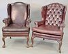 Three piece lot to include two leather upholstered wing chairs (one with replaced cushions over repaired seat) and three ligh