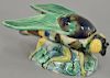 Wedgwood Majolica fly match box having wings cover opening to hollow body on lilypad and leaf base. ht. 2 1/2 in., lg. 5 1/4 