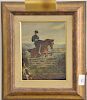 Oil on canvas, Fox Hunt, unsigned equestrian painting, 19th century, 9" x 7".