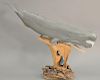 Gallagher carved wood whale on driftwood base. ht. 24 1/2 in., lg. 32 in.